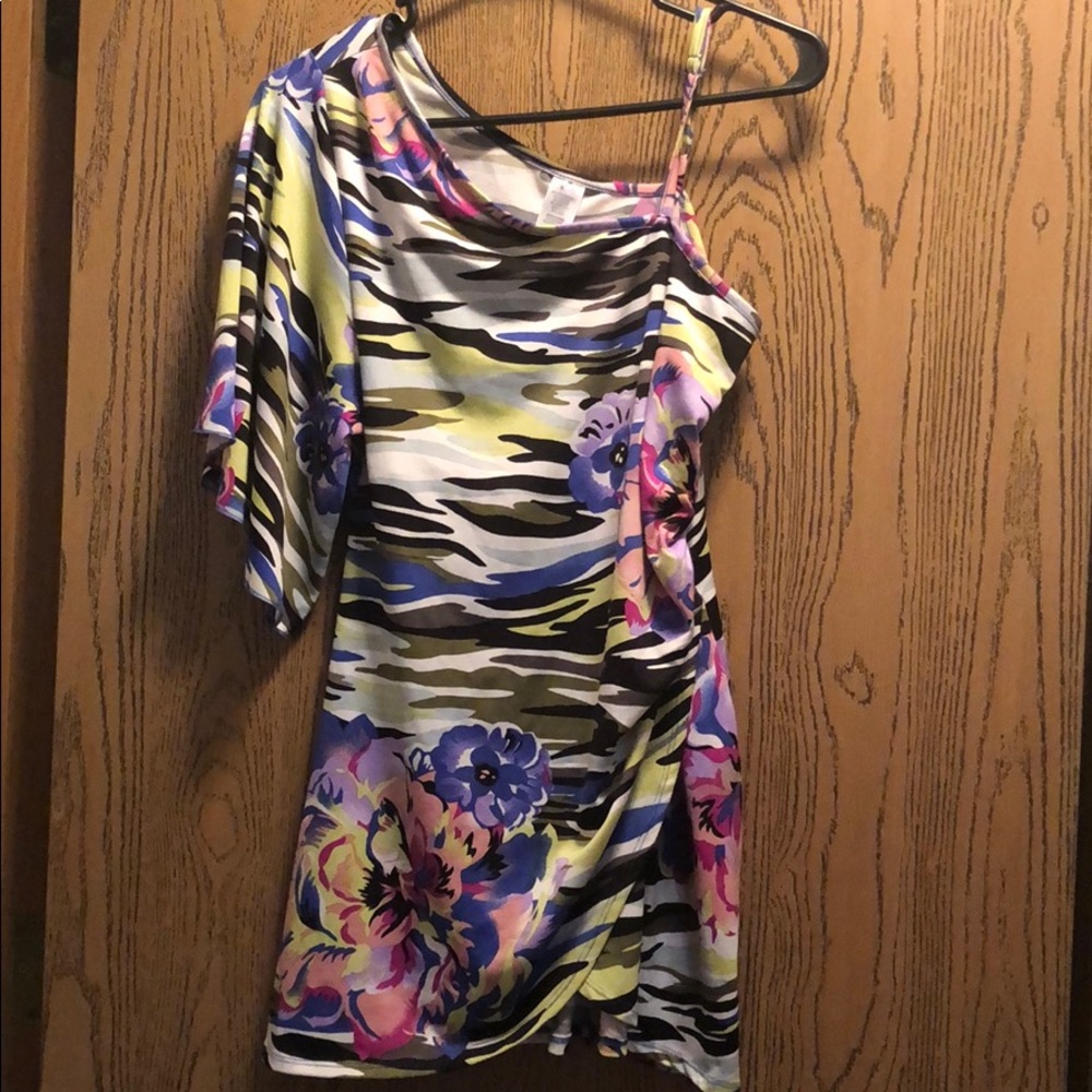 Tropical print one shoulder dress